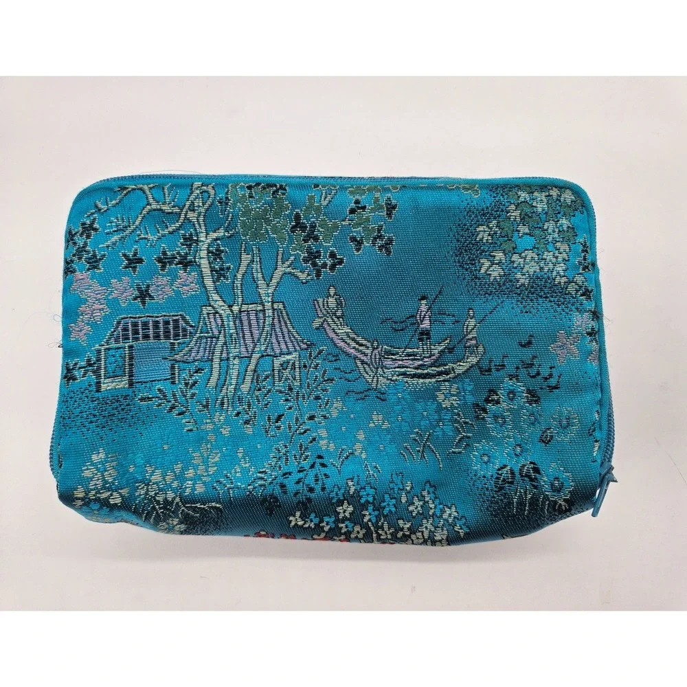 Vintage Blue Brocade 3pc Cosmetic Bag Set Oriental Landscape Travel Pouches